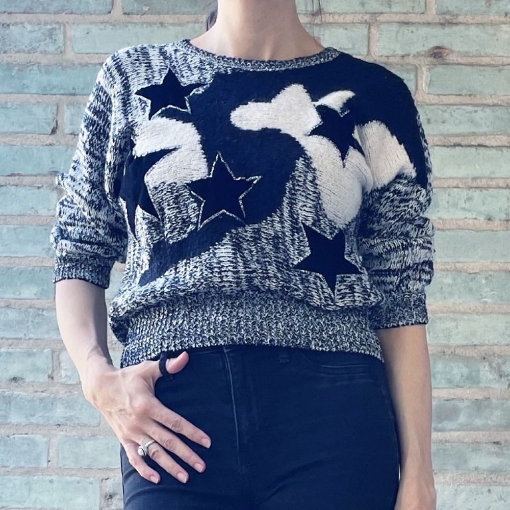 Vintage Dolman Sweater 80s Star Knit Black White Appliqué Intarsia New Wave